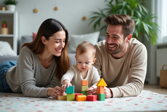 Jeune famille avec un bambin construisant une tour de blocs en bois sur un tapis dans un salon scandinave, activité quotidienne pour renforcer les liens familiaux