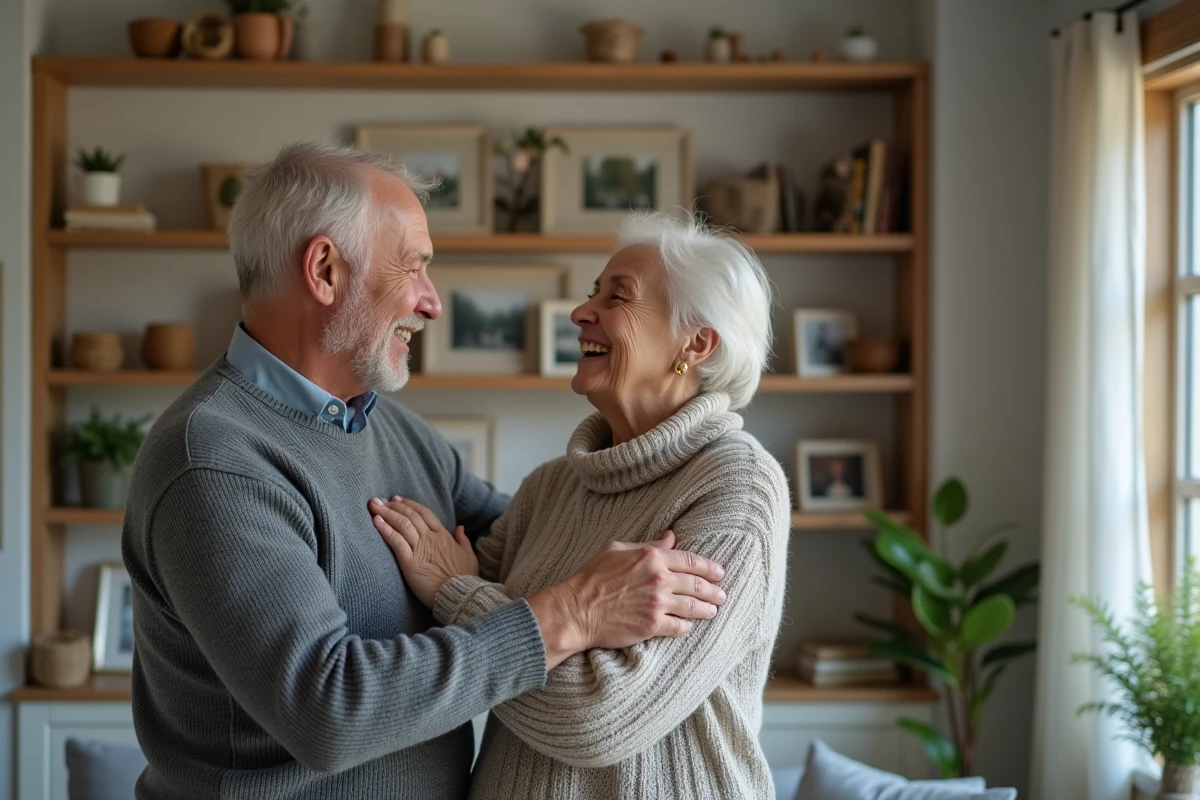 Couple âgé arrangeant des photos de famille à la maison