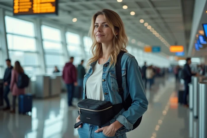 Femme avec sac de côté à l'aéroport en intérieur