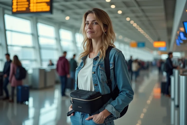 Femme avec sac de côté à l'aéroport en intérieur