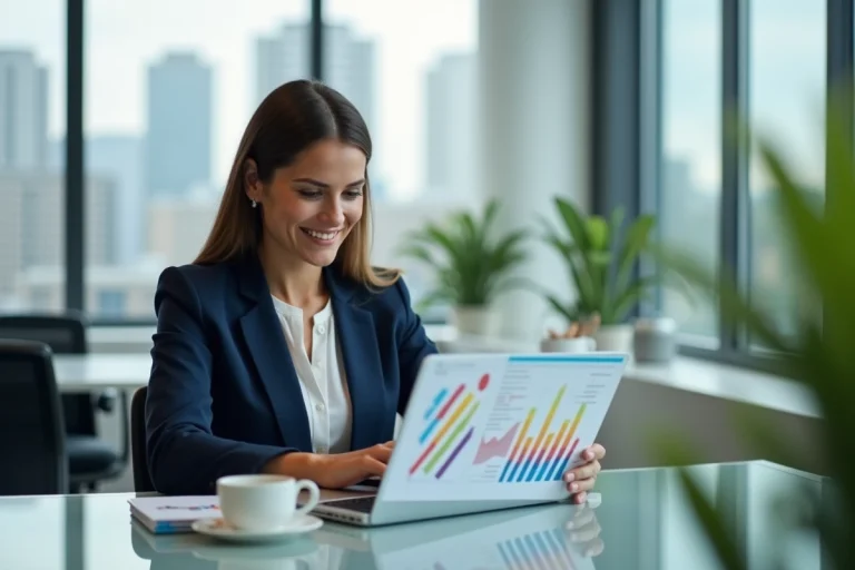 Femme d'affaires confiante avec graphiques colorés