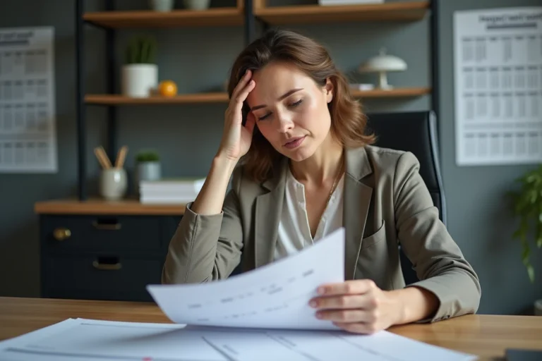 Femme d'affaires stressée regardant ses bulletins de salaire