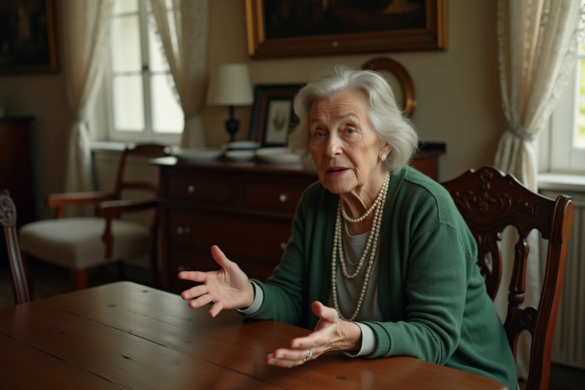 Femme agee racontant une histoire dans une maison chaleureuse