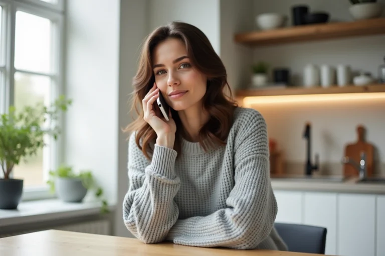 Femme en pull gris téléphonant au service client Bouygues Telecom depuis sa cuisine