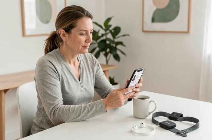 Femme analysant ses statistiques de fitness sur une application mobile depuis son bureau à domicile, symbolisant l'essor du sport connecté au quotidien