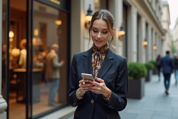 Femme élégante vérifiant son smartphone devant une boutique de luxe