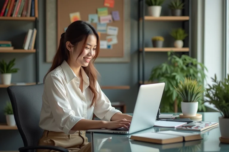 Jeune femme au bureau souriante avec ordinateur portable