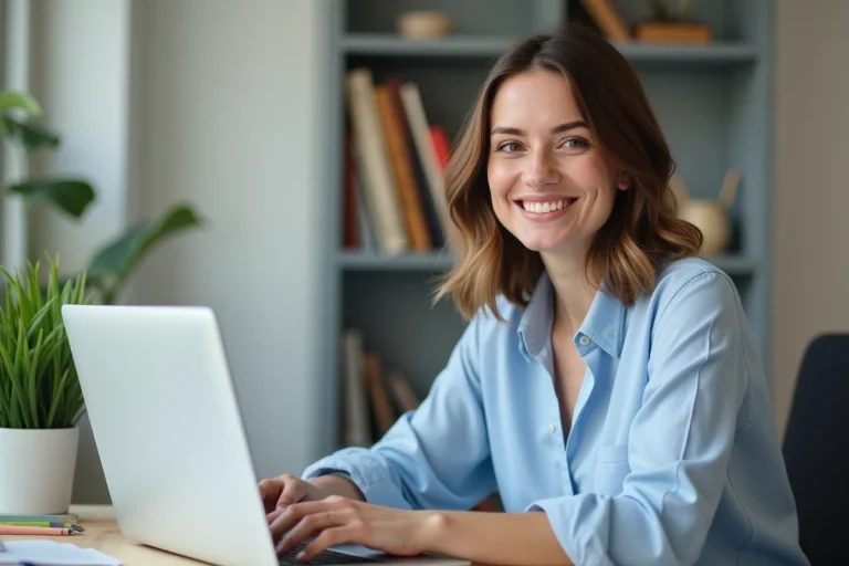 Femme souriante utilisant un ordinateur dans un bureau lumineux