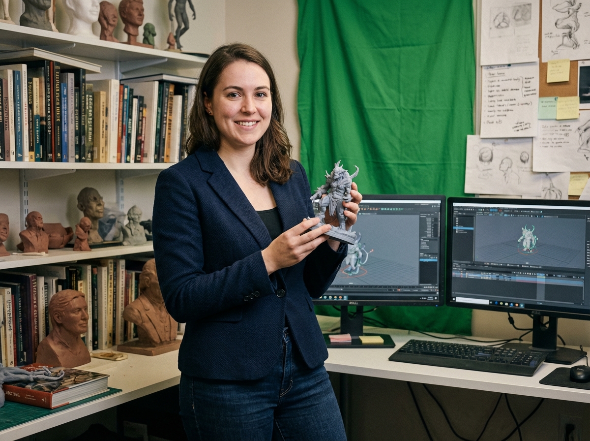 Jeune femme présentant une miniature de créature de film dans un studio d