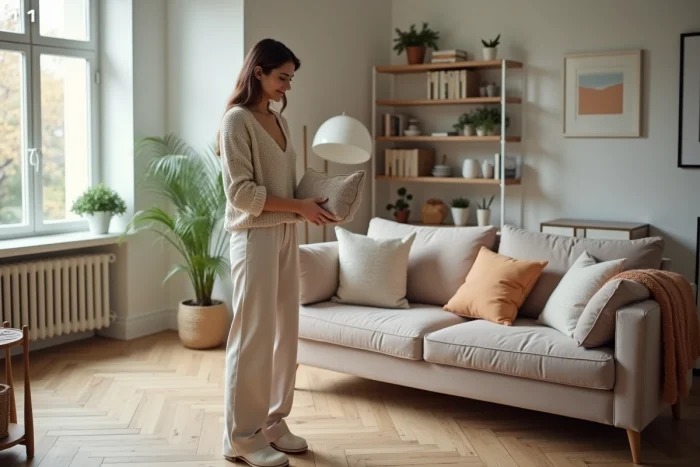 Femme stylée arrangeant des coussins dans un salon moderne