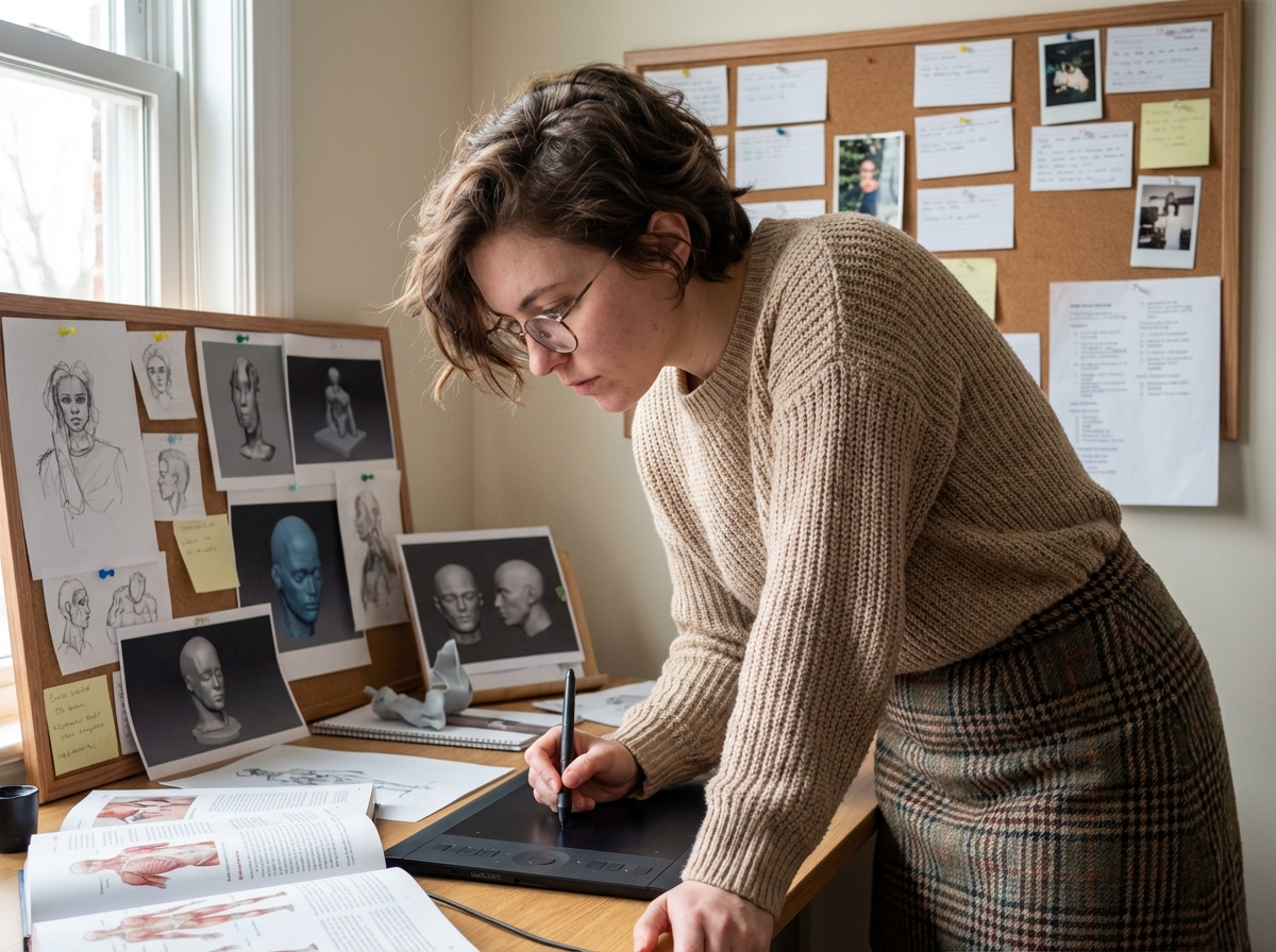 Jeune femme dessinant sur une tablette dans son studio