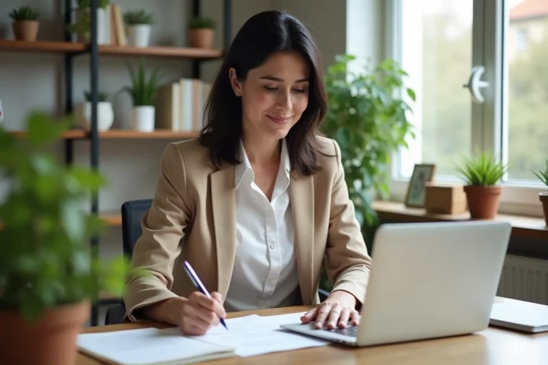 Femme d'âge moyen en blazer beige dans un bureau lumineux
