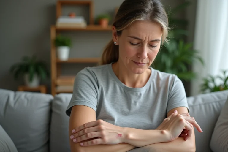 Femme examinant ses petites taches rouges sur le bras