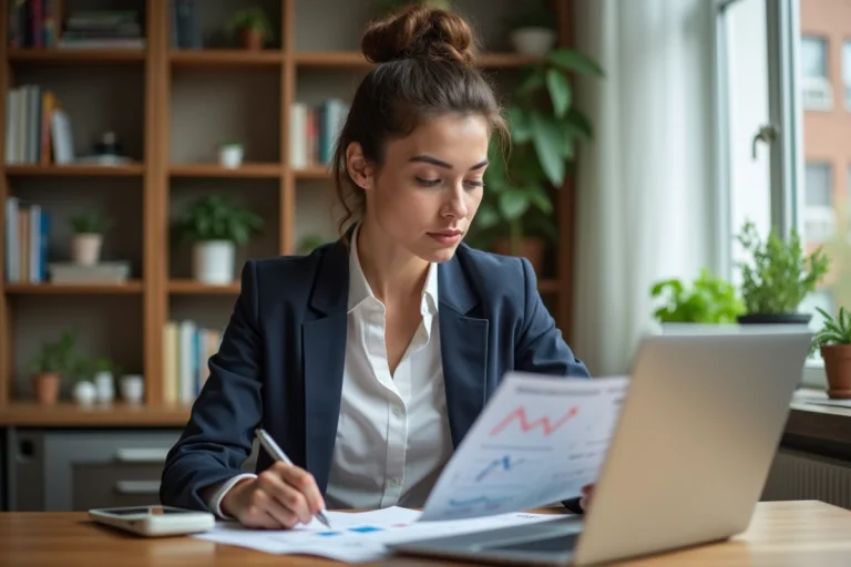 Jeune femme en tenue décontractée analysant des brochures d'investissement dans un appartement cosy