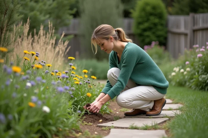 Femme en train de planter des fleurs sauvages dans son jardin
