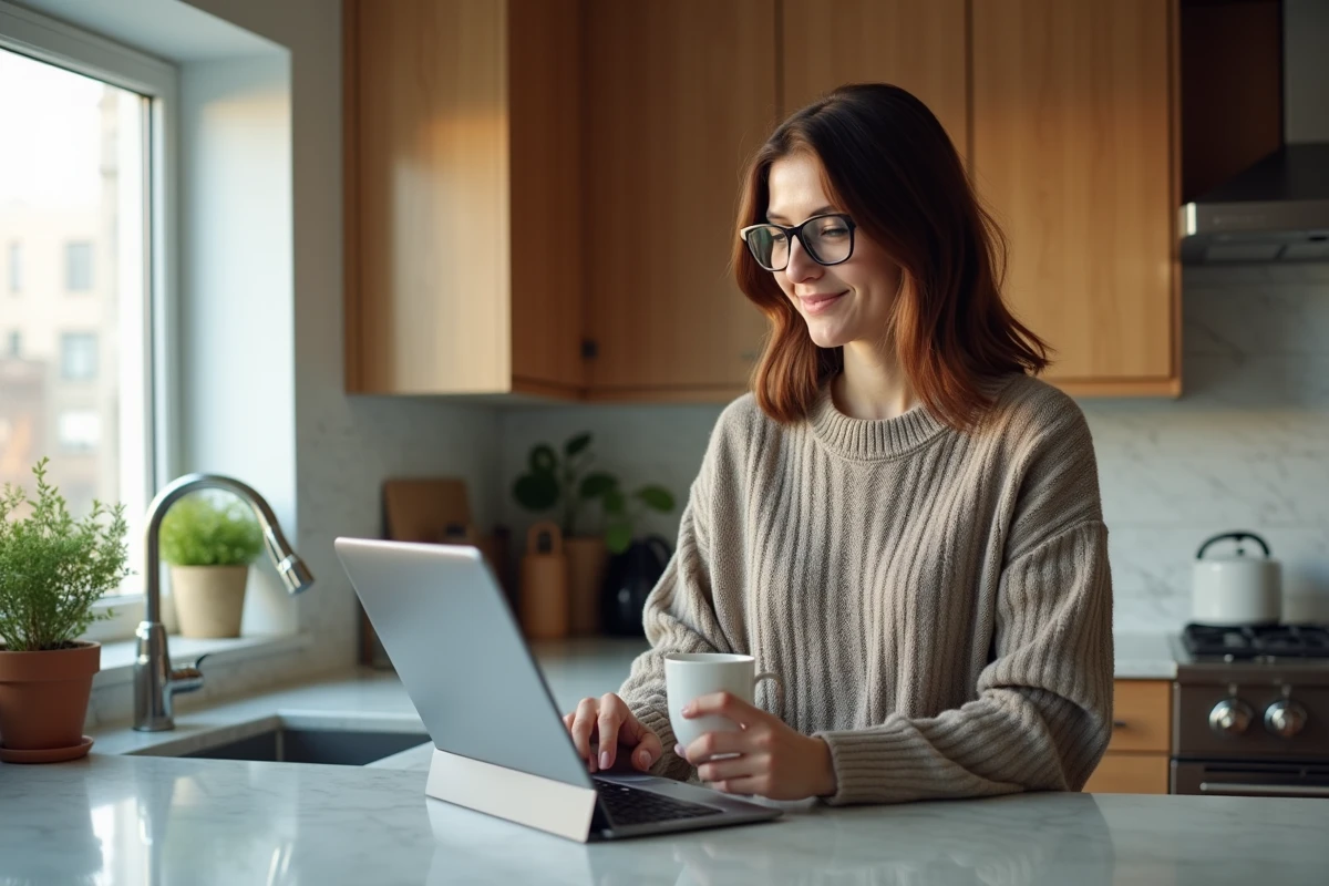 Femme avec tablette et café dans la cuisine lumineuse