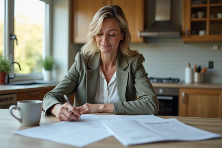 Femme d'une quarantaine examine des documents de crédit à la maison