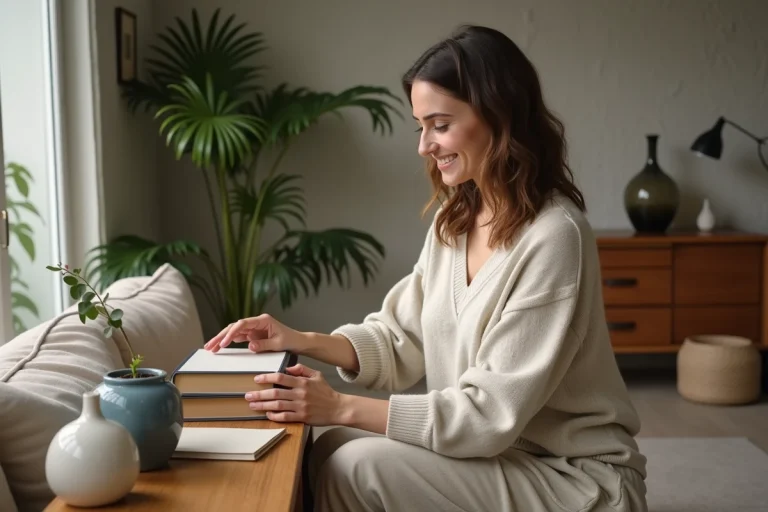 Femme arrangeant livres et vases dans un salon cosy