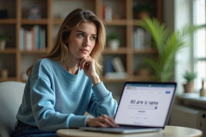Femme assise à un bureau recherchant son nom sur un ordinateur