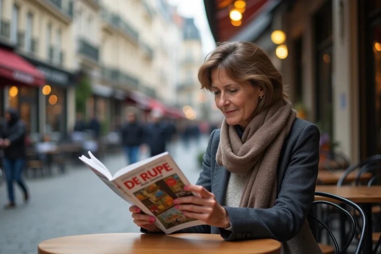 Femme française lisant un magazine dans un café parisien