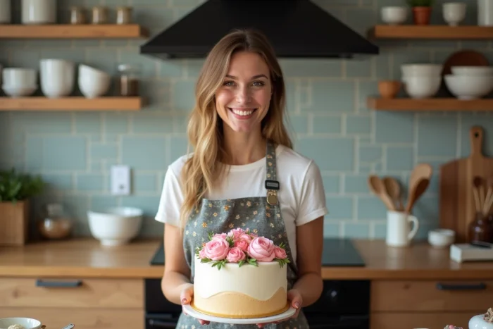 Femme souriante avec gâteau décoré dans une cuisine moderne