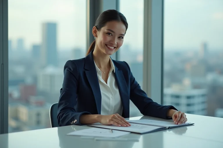 Femme confiante en blazer préparant son portfolio au bureau