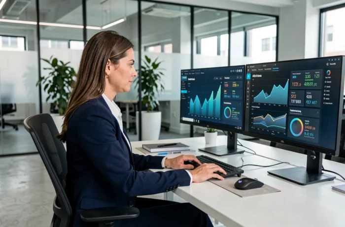 Femme professionnelle analysant des tableaux de bord digitaux sur des écrans dans un bureau moderne pour optimiser la performance de son entreprise