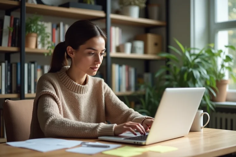 Femme concentrée effectuant une recherche en ligne sur son ordinateur portable dans un bureau à domicile organisé