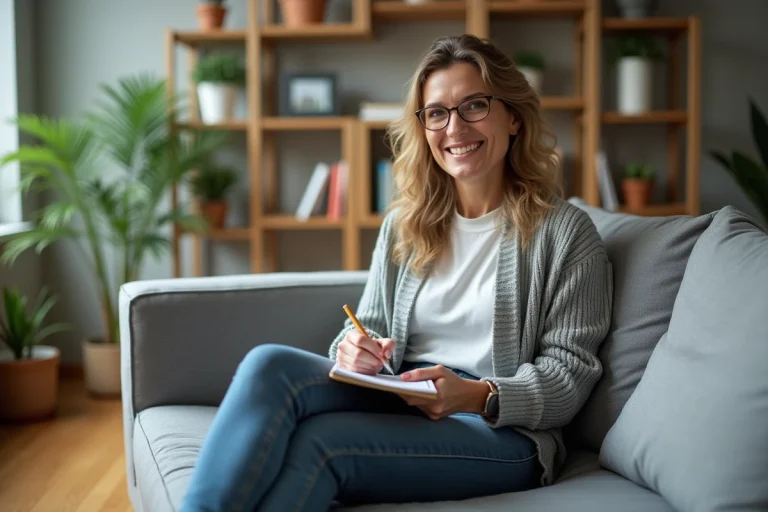 Femme détendue prenant des notes dans un salon lumineux
