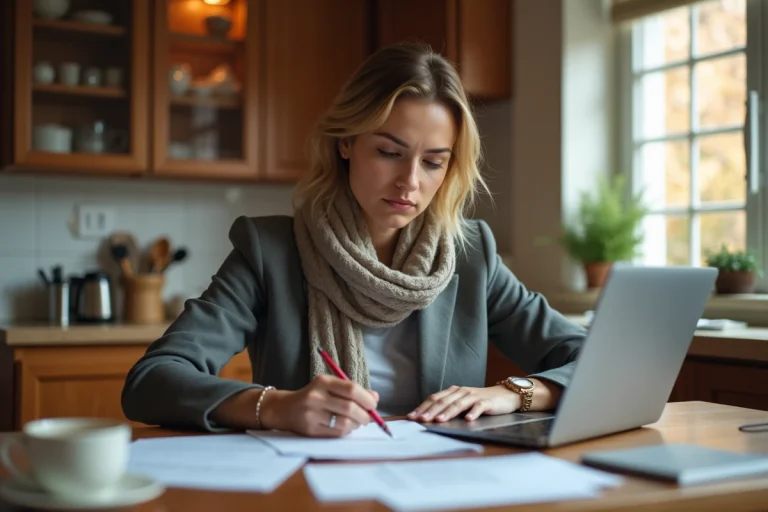 Femme réfléchissant avec documents de rejet dans la cuisine