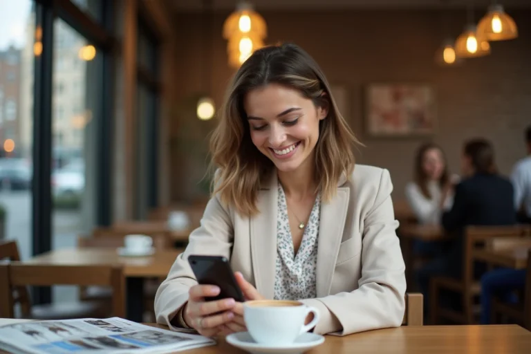 Femme élégante vérifiant son smartphone dans un café urbain