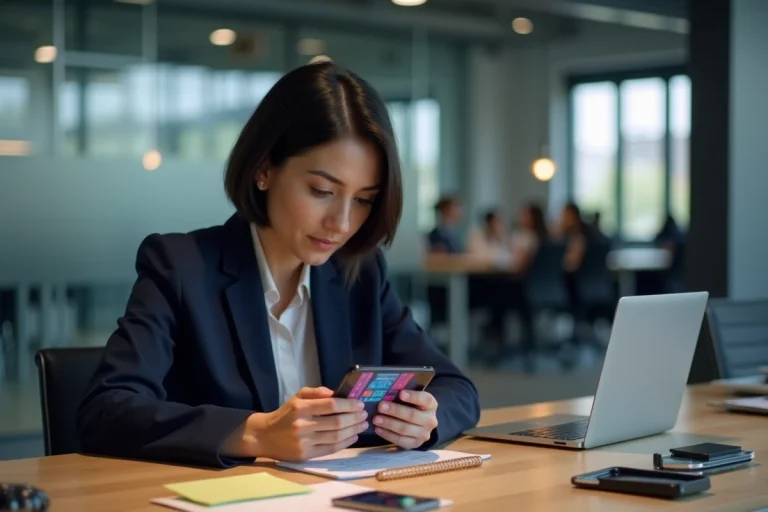 Femme professionnelle examinant un smartphone pliable innovant dans un bureau moderne