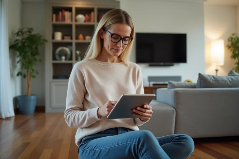 Femme d'âge moyen utilisant une tablette dans un salon moderne