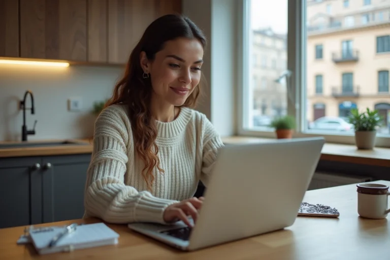 Femme travaillant sur son ordinateur dans une cuisine moderne