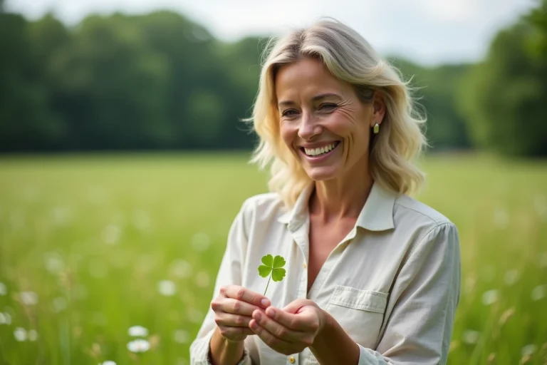 Femme souriante tenant un trèfle à cinq feuilles dans un champ
