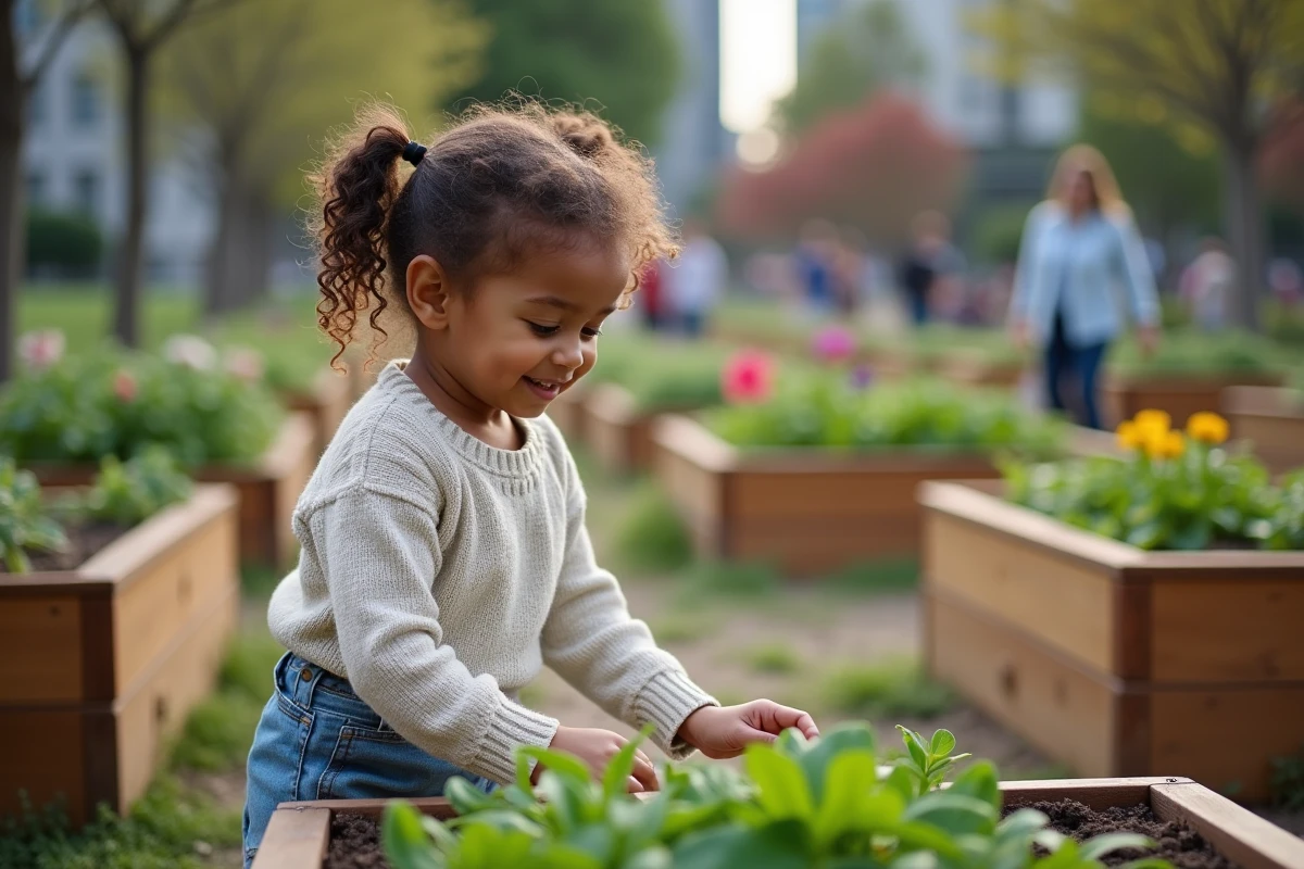 Fille de quatre ans explore un jardin communautaire
