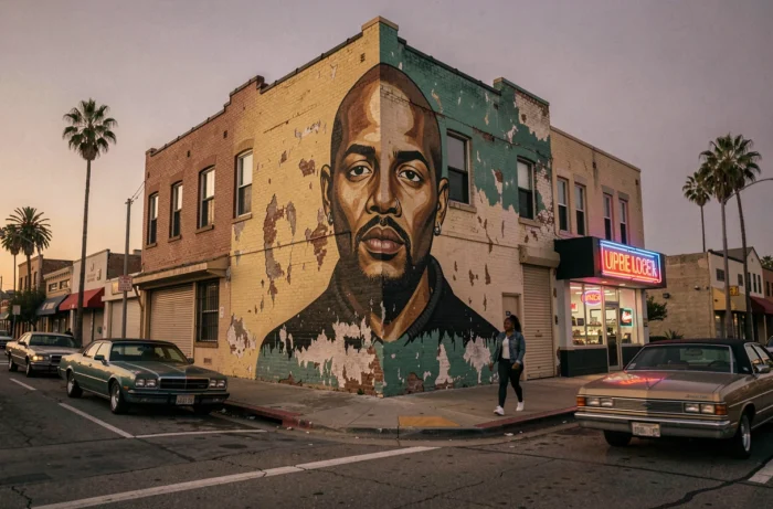 Grande fresque murale de Tupac Shakur dans le quartier de South Central à Los Angeles, avec passante en premier plan