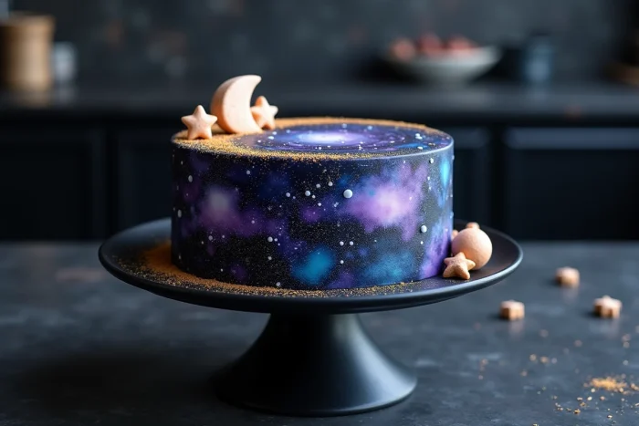 Gâteau galaxy aux colorants naturels avec fondant violet et bleu nuit, poudre dorée comestible et décorations étoilées