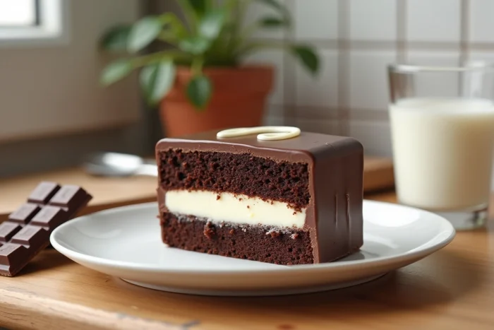 Gâteau Kinder Délice maison avec couches de génoise cacao, crème blanche et glaçage chocolat au lait