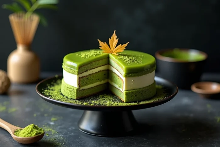 Gâteau matcha-opéra aux couches alternées vert et brun avec glaçage miroir doré sur plateau en céramique noire