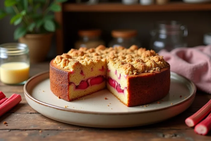 Gâteau à la rhubarbe et crumble doré avec morceaux de rhubarbe rose-rouge rôtis sur assiette en céramique rustique