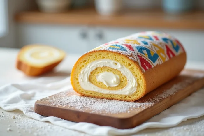 Gâteau roulé imprimé avec motif géométrique coloré sur génoise et spirale de crème chantilly à l'intérieur