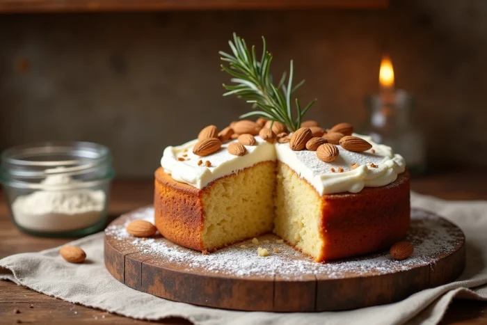 Gâteau sans gluten à la farine d'amande coupé en tranches, avec crème d'amande et amandes grillées en décoration