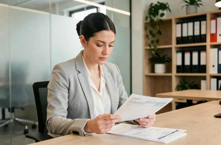 Responsable RH en entreprise consultant des fiches de paie à son bureau dans un open space moderne