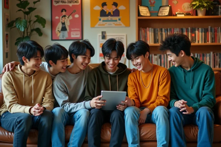 Groupe de sept adolescents en mode street fashion dans un studio coloré