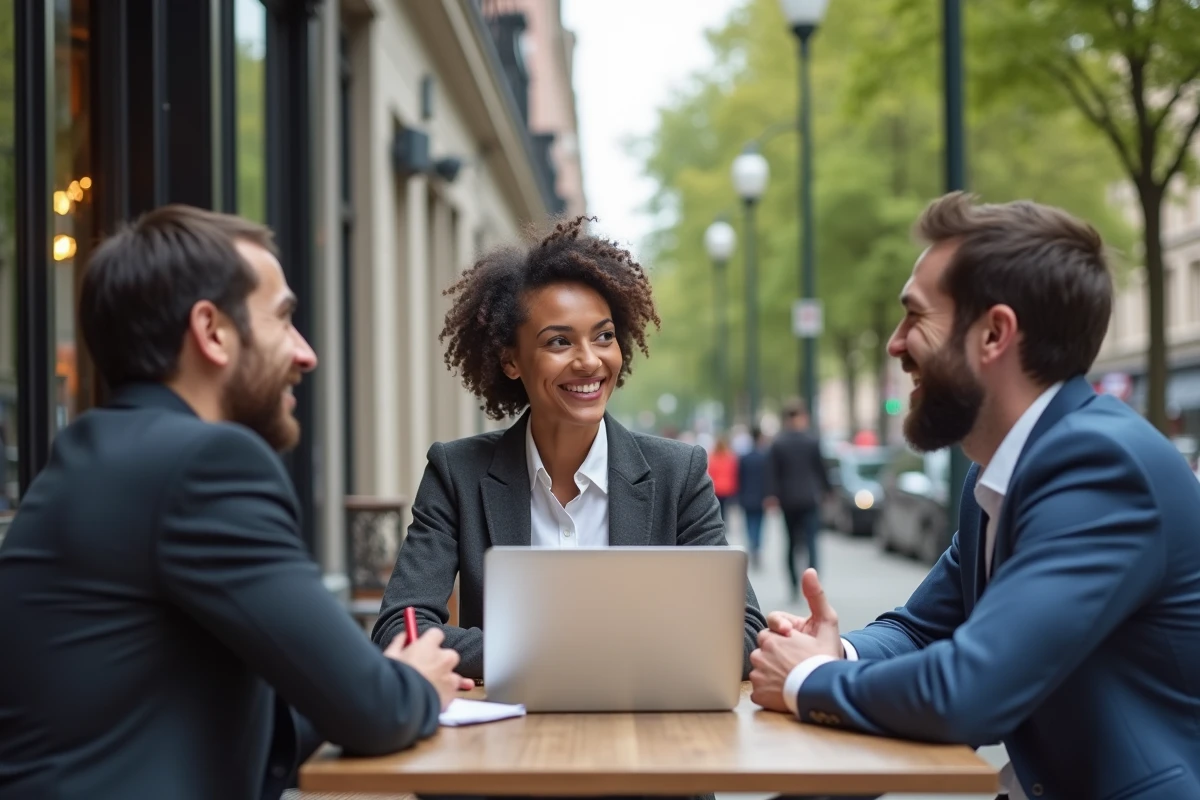 Groupe de professionnels en brainstorming en extérieur