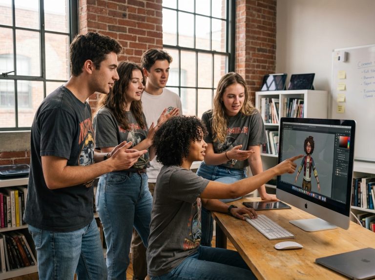 Groupe de jeunes créatifs autour d'un ordinateur en atelier