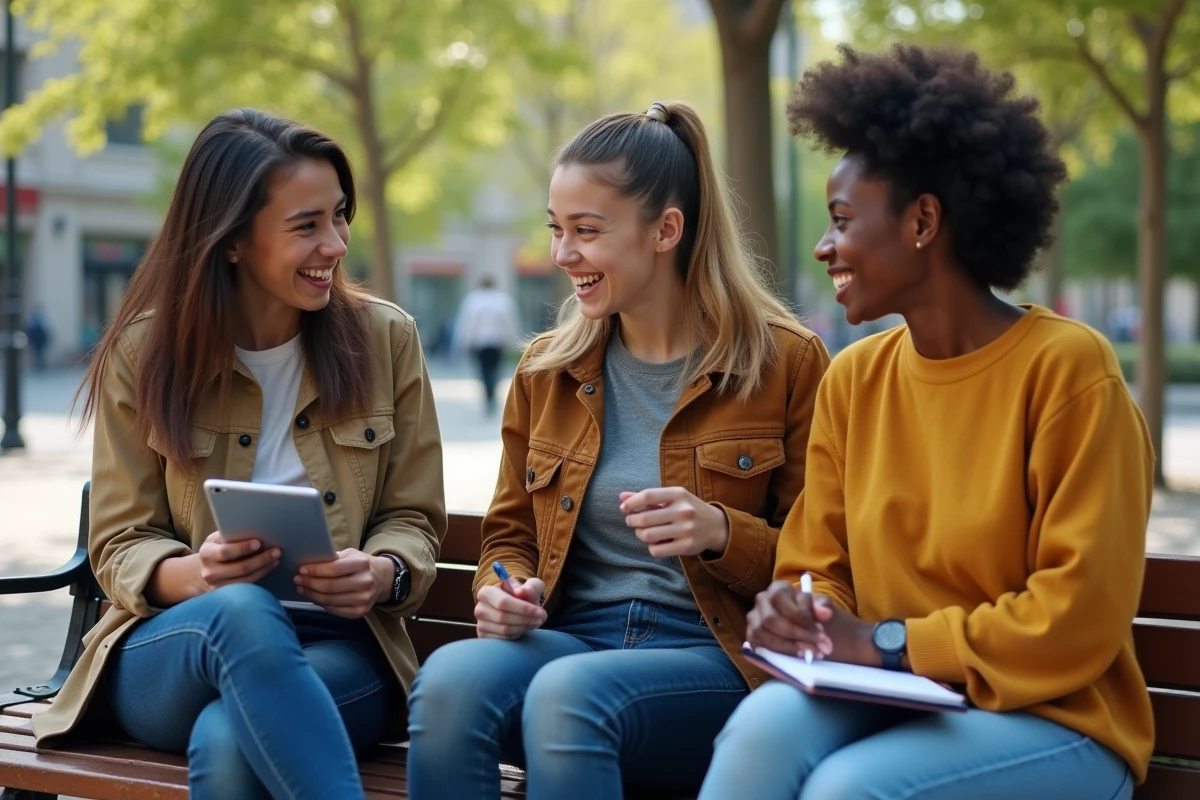 Jeunes adultes discutant dans un parc urbain en plein air