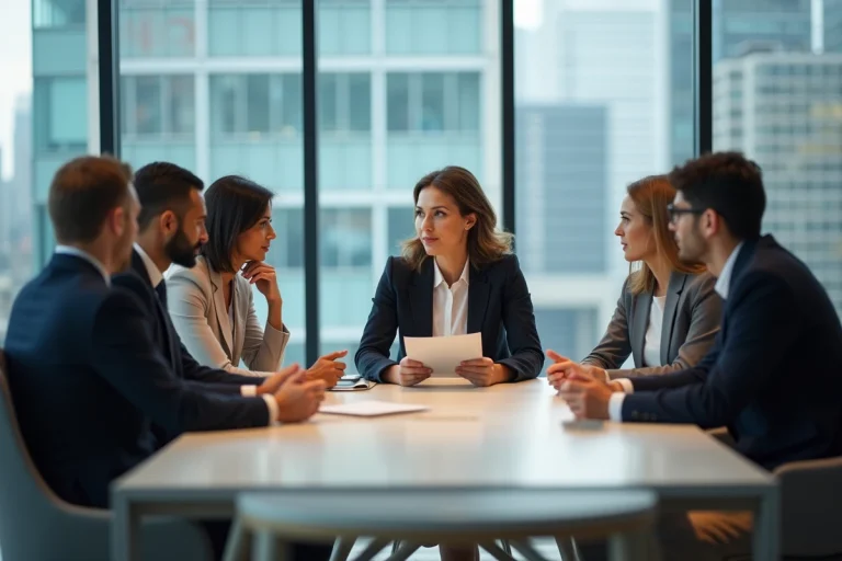 Groupe de professionnels en réunion dans un bureau moderne