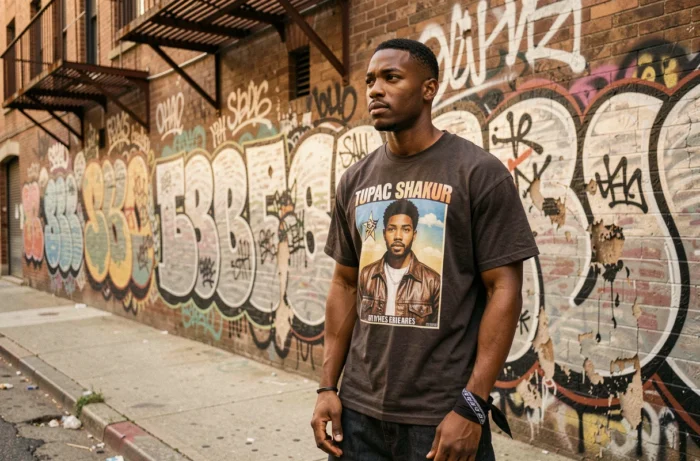 Jeune homme en t-shirt Tupac devant un mur de graffitis à East Harlem, New York, hommage au rappeur légendaire